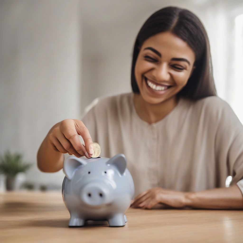 Woman Putting Coin into a Piggy Bank